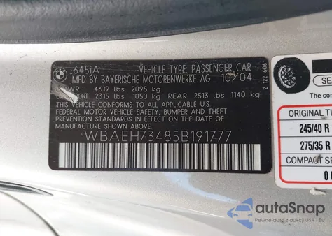 2005 BMW 6 Series 645Ci from USA, damaged, VIN WBAEH73485B191777